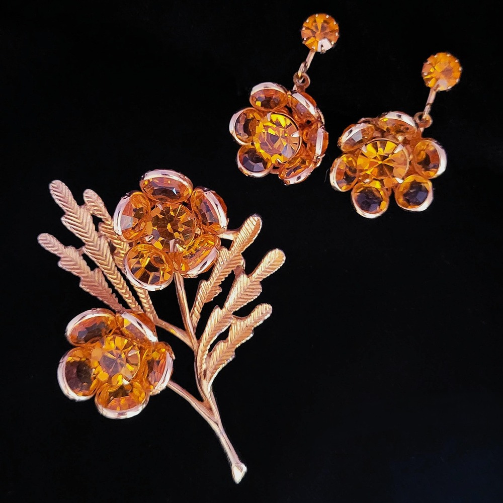 Vintage Amber Rhinestone Floral Brooch and Clip On Earrings Set Gold Tone